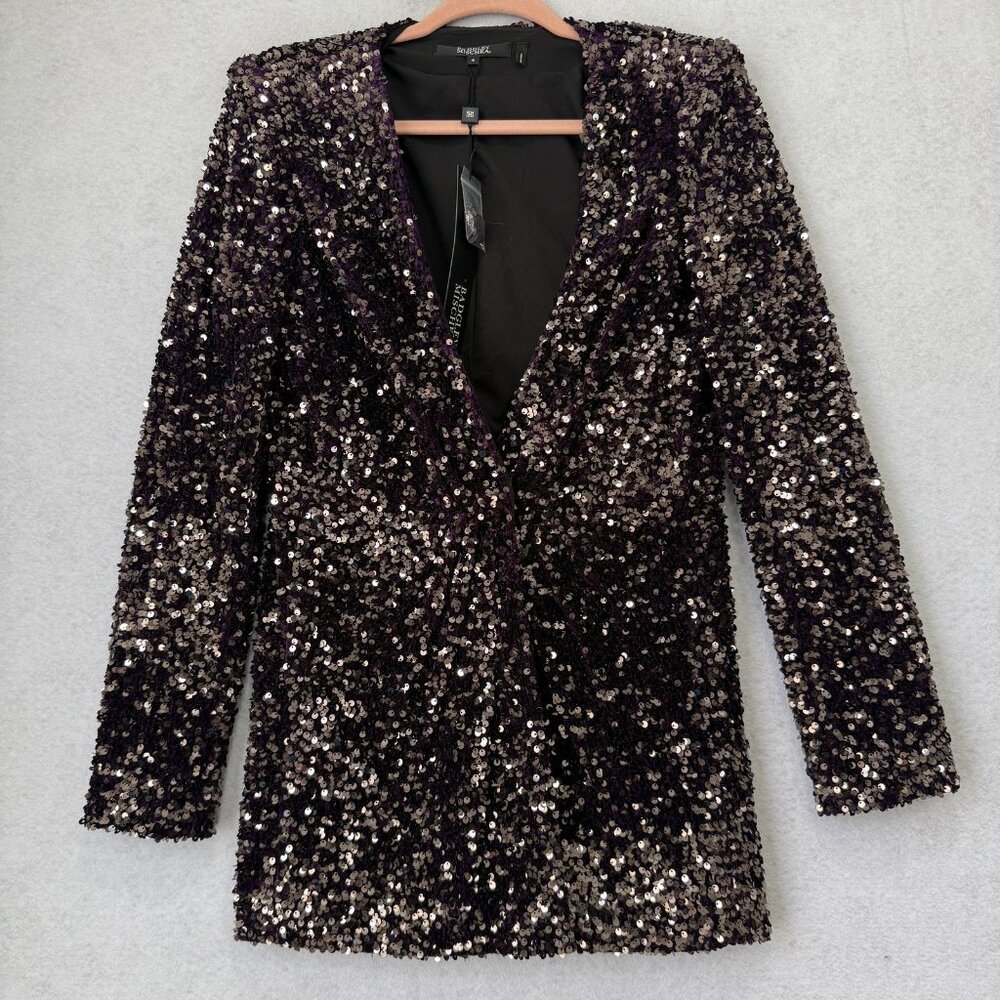 Badgley Mischka Blazer Womens 4 Purple Sequin Tuxedo Shawl Lapel Formal Jacket
